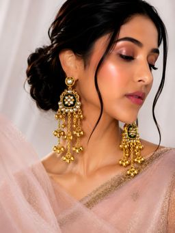 ADIVA - Gold-Plated Green Kundan Peacock Floral Motif Ghungroo Kashmiri Earrings
