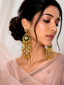 ADIVA - Gold-Plated Green Kundan Floral Motif Pearl Beaded Kashmiri Earrings