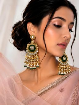 ADIVA - Gold-Plated Green Kundan Floral Motif Pearl Beaded Earrings