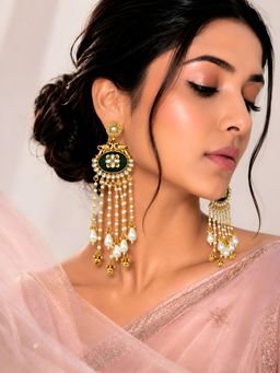 ADIVA - Gold-Plated Green Kundan Pearl Beaded Kashmiri Earrings