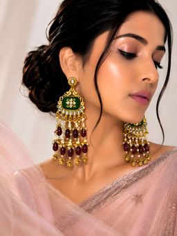 ADIVA - Gold-Plated Green Kundan Floral Motif Maroon Pearl Beaded Kashmiri Earrings