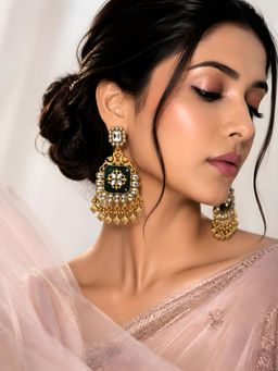 ADIVA - Gold-Plated Green Kundan Duck Motif Traditional Earrings