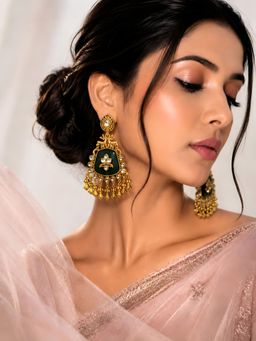 ADIVA - Gold-Plated Green Kundan Deer Motif Traditional Earrings