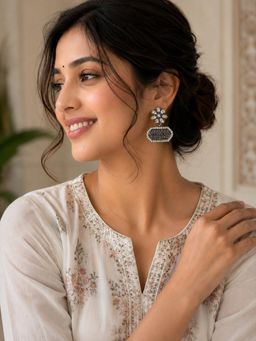 Accessher - Oxidised Silver Floral Crystal Dangle Earrings for Women