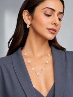 Accessher - Gold Plated Pearl Floral Necklace Set with Earrings