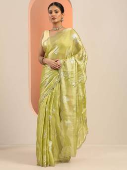 Libas - Green Floral Saree with Unstitched Blouse