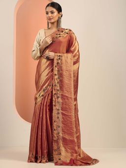Libas - Copper Embellished Saree with Unstitched Blouse