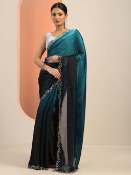 Libas - Teal Embellished Saree with Unstitched Blouse