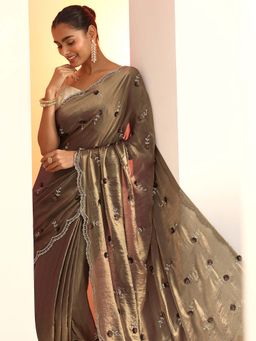 Libas - Bronze Embellished Saree with Unstitched Blouse
