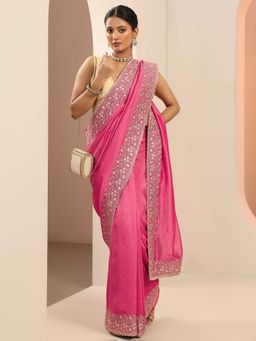 Libas - Pink Embellished Saree with Unstitched Blouse