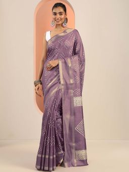 Libas - Purple Printed Saree with Unstitched Blouse