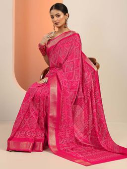 Libas - Pink Printed Saree with Unstitched Blouse