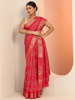 Libas - Red Printed Saree with Unstitched Blouse