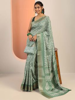 Libas - Green Printed Saree with Unstitched Blouse