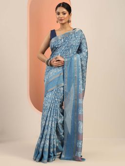 Libas - Blue Printed Saree with Unstitched Blouse