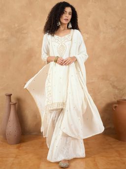 Varanga - White Embroidered Kurta and Palazzo with Dupatta