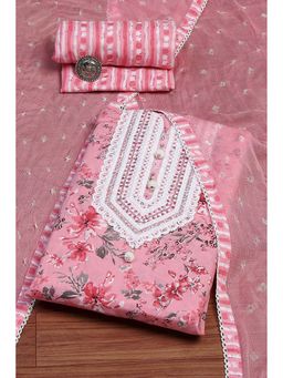 Biba - Pink Floral Unstitched Kurta and Bottom with Dupatta