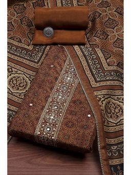 Biba - Brown Embroidered Unstitched Kurta and Bottom with Dupatta