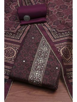 Biba - Wine Embroidered Unstitched Kurta and Bottom with Dupatta