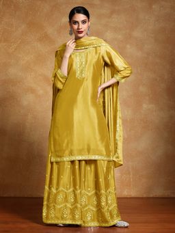 Varanga - Yellow Embroidered Kurta and Palazzo with Dupatta