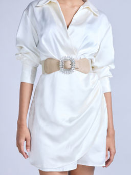 Twenty Dresses by Nykaa Fashion - Beige Rhinestone Embellished Buckle Elasticated Waist Belt