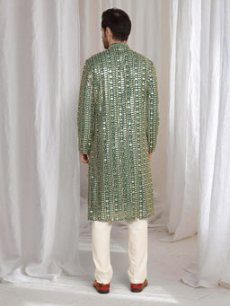 Aham-Vayam - Festive Green Golden Thread Embroidered Kurta With Dupatta