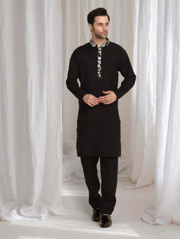 Aham-Vayam - Black Pushp Flora Embroidered Jacket with Kurta and Pant Set