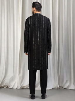 Aham-Vayam - Black Silver Stripe Embroidered Kurta Set With Back Elastic Pants