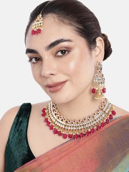 Peora - Gold Plated Kundan Faux Pearl Necklace Earring Maangtikka Jewellery Set