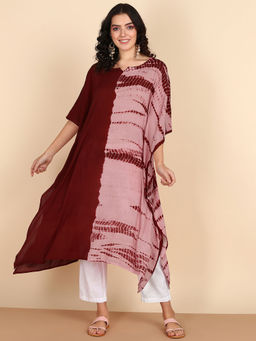 Maaesa - Red Colorblock Crepe Kaftan Kurta