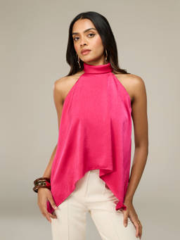 RSVP by Nykaa Fashion - Pink Satin High Halter Neck Asymmetric Hem A Line Top