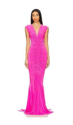 Norma Kamali - x REVOLVE Sleeveless Deep V Neck Shirred Front Fishtail Gown