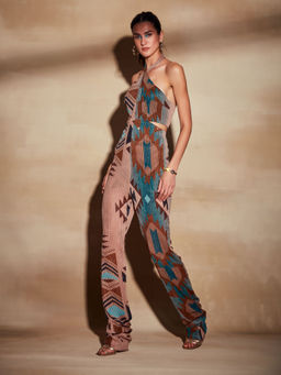 Nikita Mhaisalkar - Turquoise Tapis and Multi Colourprint Jumpsuit