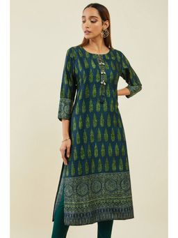 Soch - Navy Blue Satin Printed Kurta With Cowrie Shells And Gota Patti