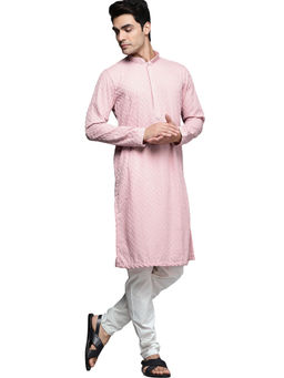 Manyavar - Pink Blended Cotton All Over Self Design Kurta Pencil Pyjama Set (Set of 2)