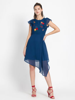 SHAYE - Teal Round Neck Embroidered Casual Dress for Women