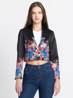 SHAYE - Shawl Collar Black Floral Print Long Sleeves Party Crop Blazer