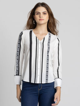 SHAYE - V-Neck Black Stripes Long Sleeves Casual Top for Women