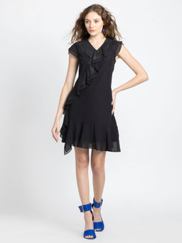 SHAYE - V-Neck Black Solid Cap Sleeves Party Dress for Women