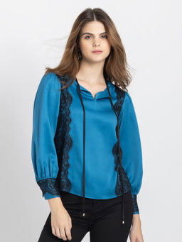 SHAYE - Blue Self Design Long Sleeves Casual Tops for Women