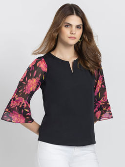 SHAYE - Round Neck Black Floral Three Fourth Sleeves Casual Tops for Women