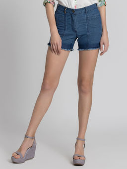 SHAYE - Blue Solid High Waist Casual Shorts for Women