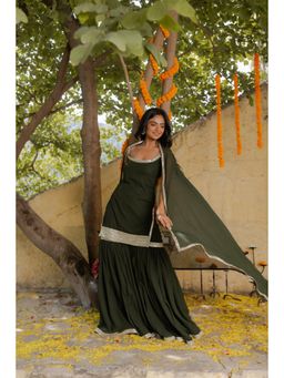 DEASHA INDIA - Firdaus Mehendi Green Detailed Sharara with Short Kurta and Dupatta (Set of 3)