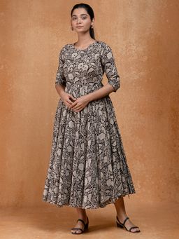 Okhai - Masquerade Mirrorwork Handblock Printed Pure Cotton Fit and Flare Dress