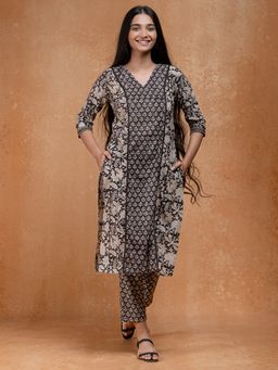 Okhai - Ivory Bloom Handblock Printed Pure Cotton Embroidered Kurta Pant (Set of 2)