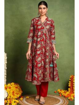 TAHILIYA - Red Hand Block Printed Chanderi Silk Angrakha Kurta