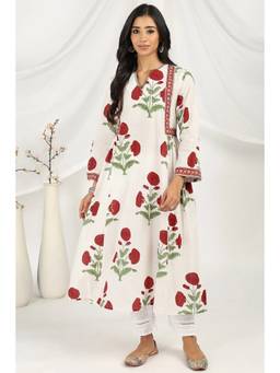 TAHILIYA - White A-Line Sanganeri Printed Kurta