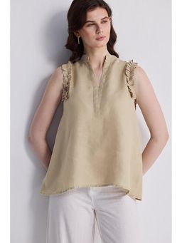 Reistor - Sleeveless Hemp with Ruffles In Neutral Beige Top