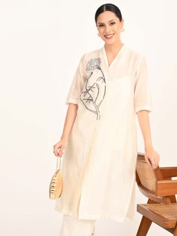 Saltpetre - Women Peral White Chanderi Silk Long Shirt with Hand Embroidery