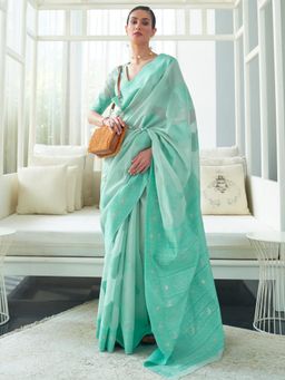 Sareemall - Women's Cotton Linen Sea Green Chikankari Designer Saree With Unstitched Blouse